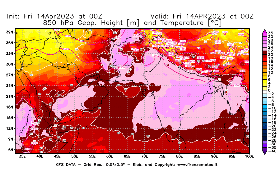 GFS analysi map - Geopotential [m] and Temperature [°C] at 850 hPa in South West Asia 
									on 14/04/2023 00 <!--googleoff: index-->UTC<!--googleon: index-->