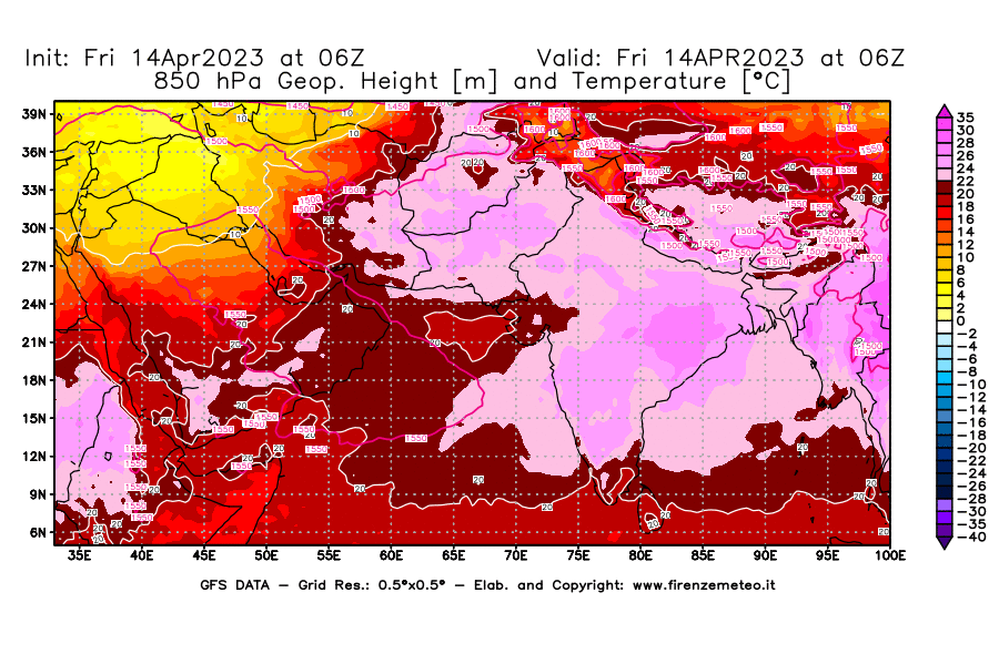 GFS analysi map - Geopotential [m] and Temperature [°C] at 850 hPa in South West Asia 
									on 14/04/2023 06 <!--googleoff: index-->UTC<!--googleon: index-->