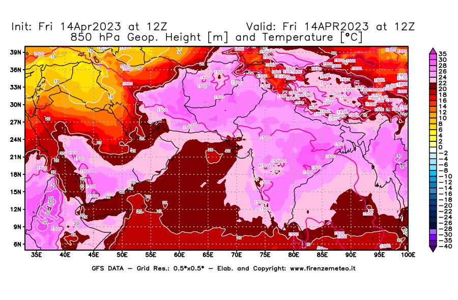 GFS analysi map - Geopotential [m] and Temperature [°C] at 850 hPa in South West Asia 
									on 14/04/2023 12 <!--googleoff: index-->UTC<!--googleon: index-->