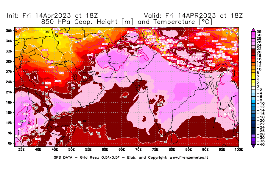 GFS analysi map - Geopotential [m] and Temperature [°C] at 850 hPa in South West Asia 
									on 14/04/2023 18 <!--googleoff: index-->UTC<!--googleon: index-->