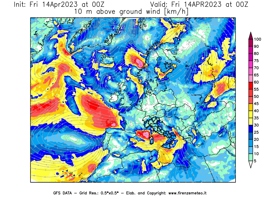 GFS analysi map - Wind Speed at 10 m above ground [km/h] in Europe
									on 14/04/2023 00 <!--googleoff: index-->UTC<!--googleon: index-->