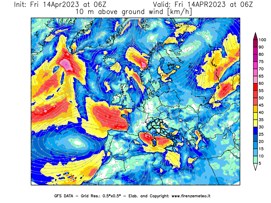 GFS analysi map - Wind Speed at 10 m above ground [km/h] in Europe
									on 14/04/2023 06 <!--googleoff: index-->UTC<!--googleon: index-->
