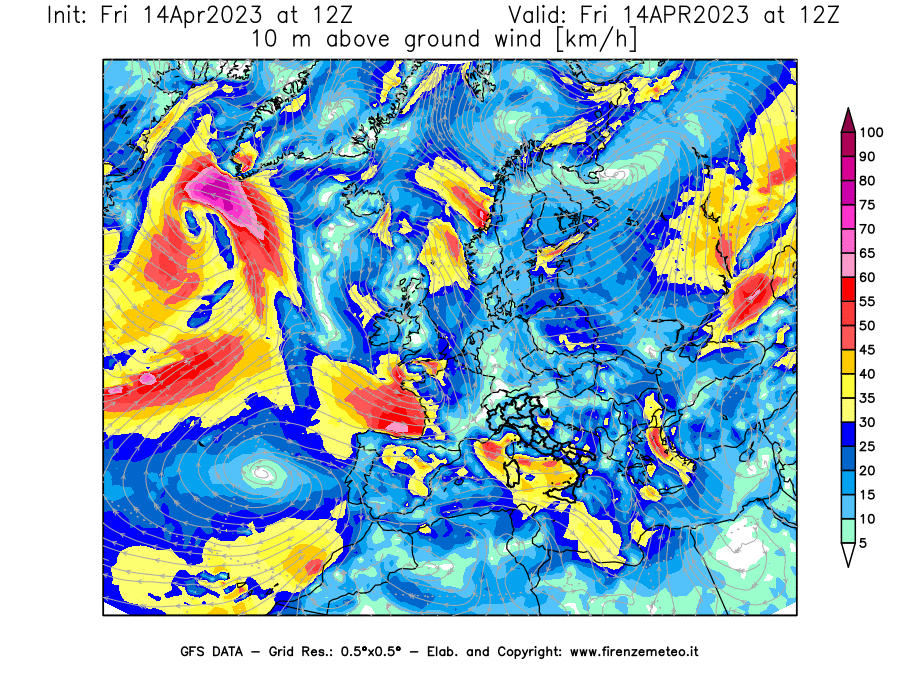GFS analysi map - Wind Speed at 10 m above ground [km/h] in Europe
									on 14/04/2023 12 <!--googleoff: index-->UTC<!--googleon: index-->