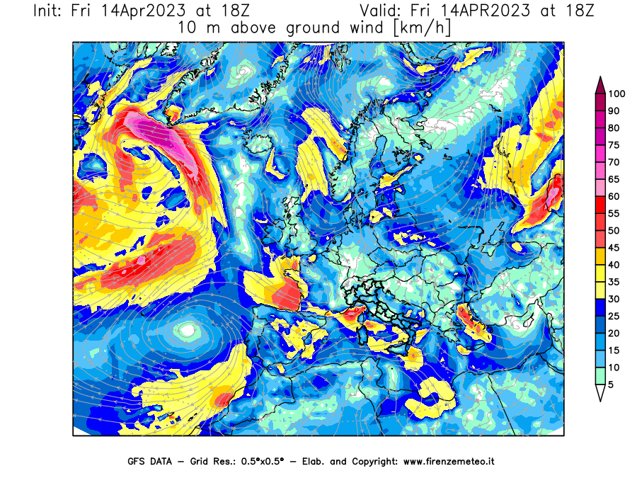 GFS analysi map - Wind Speed at 10 m above ground [km/h] in Europe
									on 14/04/2023 18 <!--googleoff: index-->UTC<!--googleon: index-->