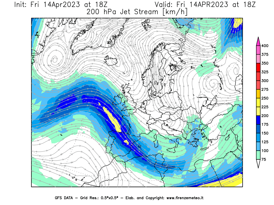 GFS analysi map - Jet Stream at 200 hPa in Europe
									on 14/04/2023 18 <!--googleoff: index-->UTC<!--googleon: index-->