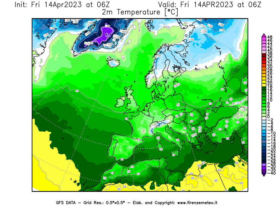 GFS analysi map - Temperature at 2 m above ground [°C] in Europe
									on 14/04/2023 06 <!--googleoff: index-->UTC<!--googleon: index-->