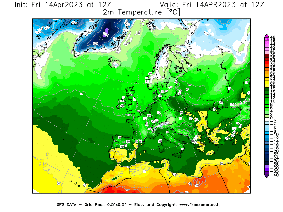 GFS analysi map - Temperature at 2 m above ground [°C] in Europe
									on 14/04/2023 12 <!--googleoff: index-->UTC<!--googleon: index-->