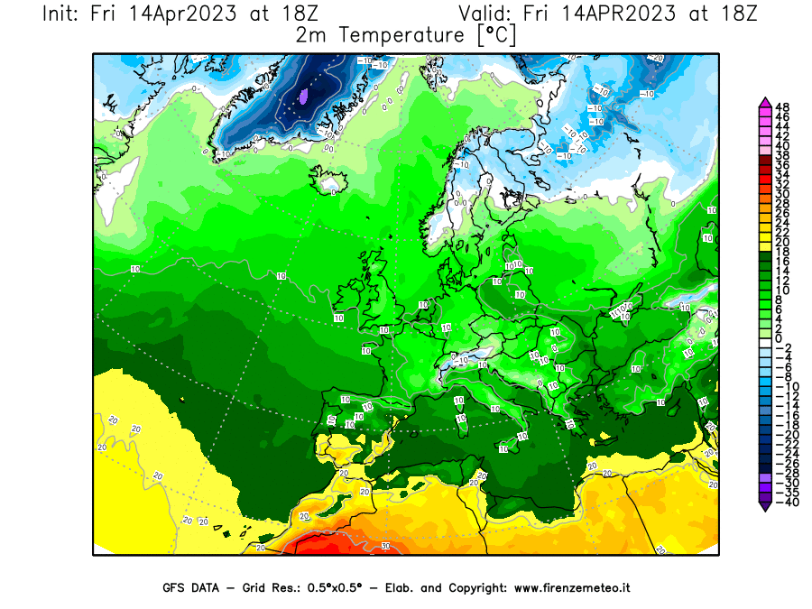 GFS analysi map - Temperature at 2 m above ground [°C] in Europe
									on 14/04/2023 18 <!--googleoff: index-->UTC<!--googleon: index-->
