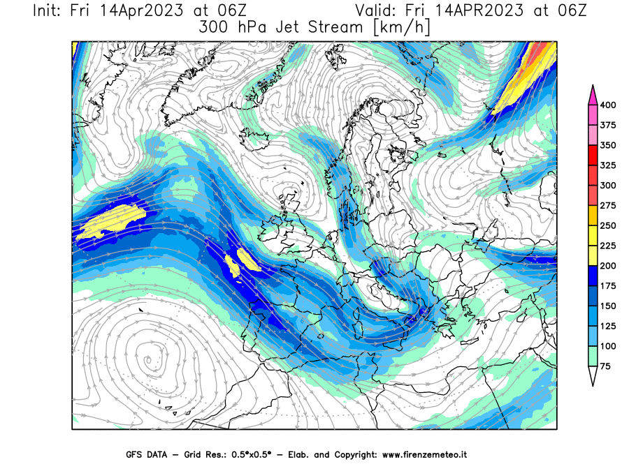 GFS analysi map - Jet Stream at 300 hPa in Europe
									on 14/04/2023 06 <!--googleoff: index-->UTC<!--googleon: index-->