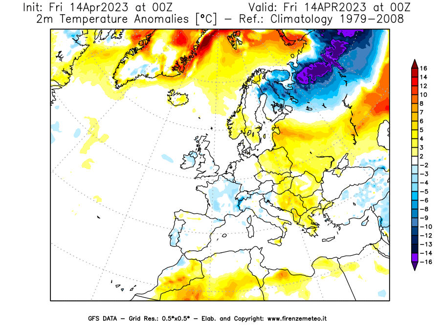 GFS analysi map - Temperature Anomalies [°C] at 2 m in Europe
									on 14/04/2023 00 <!--googleoff: index-->UTC<!--googleon: index-->