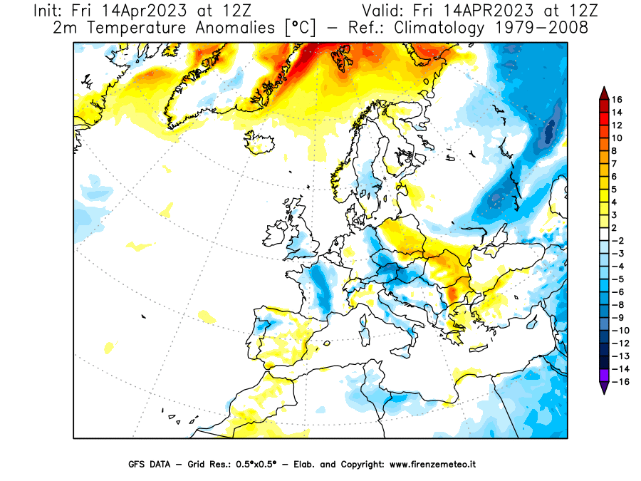 GFS analysi map - Temperature Anomalies [°C] at 2 m in Europe
									on 14/04/2023 12 <!--googleoff: index-->UTC<!--googleon: index-->