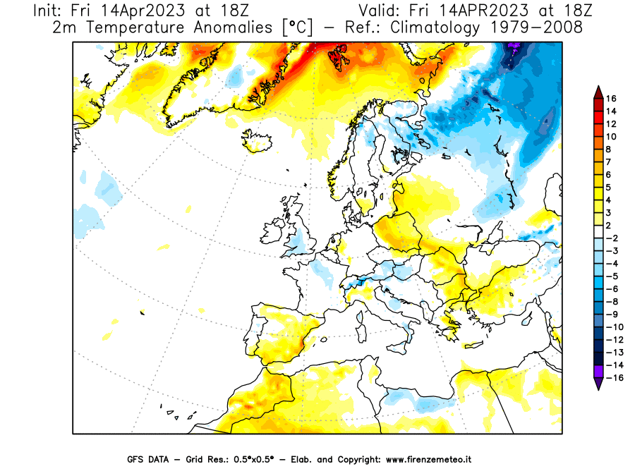 GFS analysi map - Temperature Anomalies [°C] at 2 m in Europe
									on 14/04/2023 18 <!--googleoff: index-->UTC<!--googleon: index-->