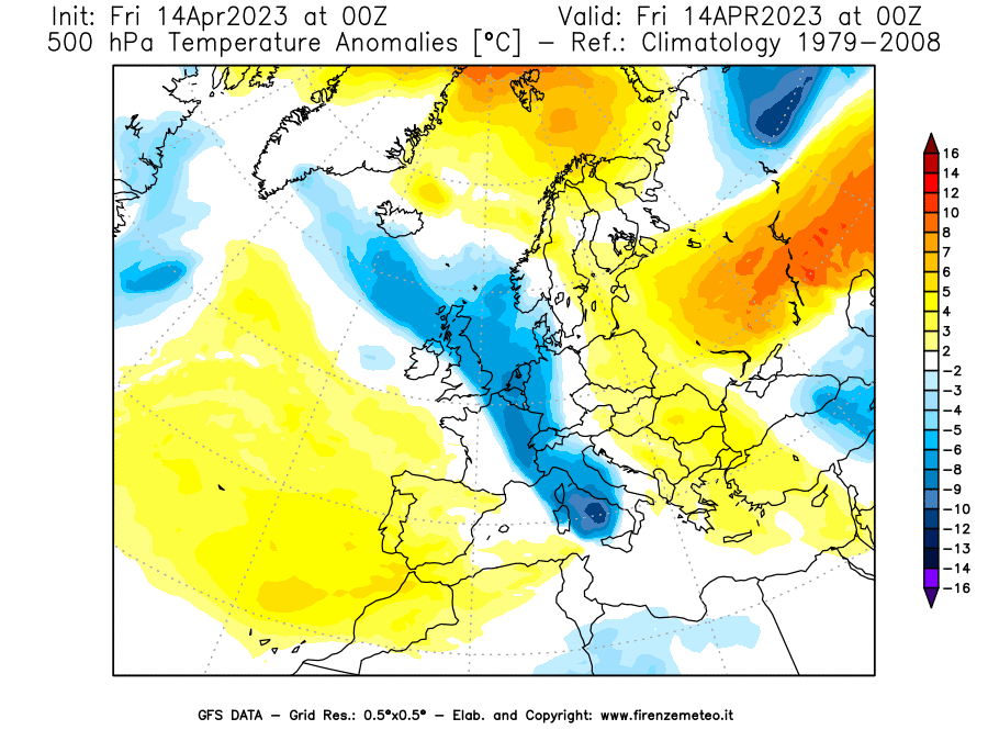 GFS analysi map - Temperature Anomalies [°C] at 500 hPa in Europe
									on 14/04/2023 00 <!--googleoff: index-->UTC<!--googleon: index-->
