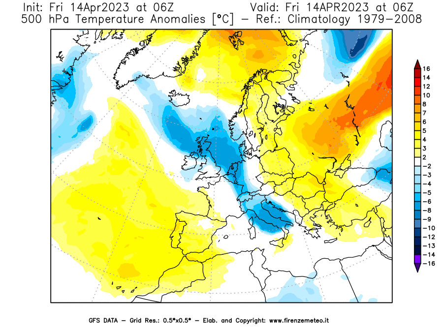 GFS analysi map - Temperature Anomalies [°C] at 500 hPa in Europe
									on 14/04/2023 06 <!--googleoff: index-->UTC<!--googleon: index-->