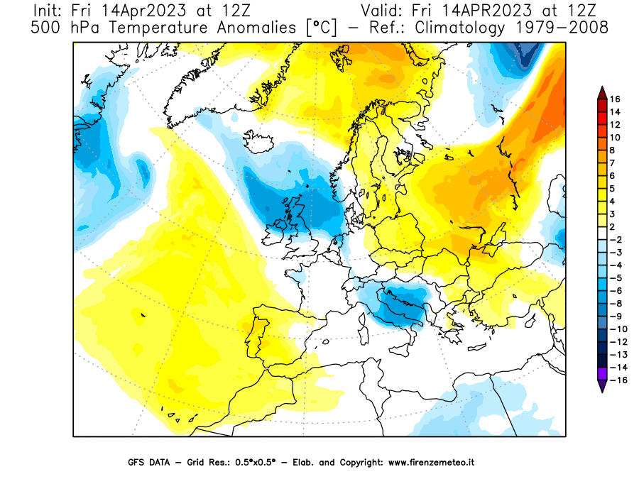 GFS analysi map - Temperature Anomalies [°C] at 500 hPa in Europe
									on 14/04/2023 12 <!--googleoff: index-->UTC<!--googleon: index-->