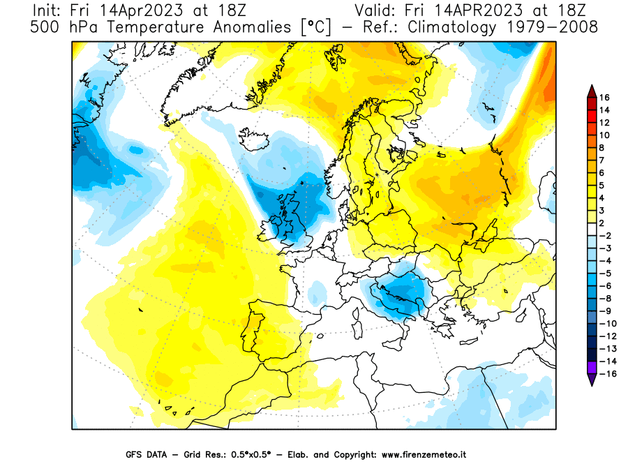 GFS analysi map - Temperature Anomalies [°C] at 500 hPa in Europe
									on 14/04/2023 18 <!--googleoff: index-->UTC<!--googleon: index-->