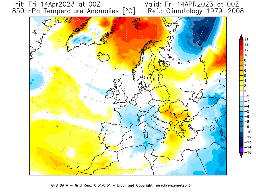 GFS analysi map - Temperature Anomalies [°C] at 850 hPa in Europe
									on 14/04/2023 00 <!--googleoff: index-->UTC<!--googleon: index-->