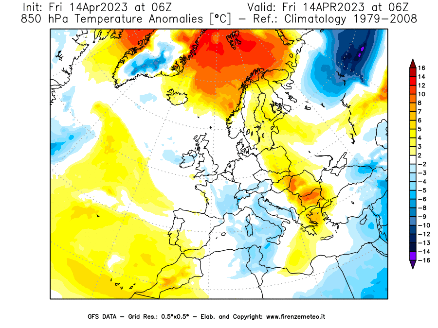 GFS analysi map - Temperature Anomalies [°C] at 850 hPa in Europe
									on 14/04/2023 06 <!--googleoff: index-->UTC<!--googleon: index-->