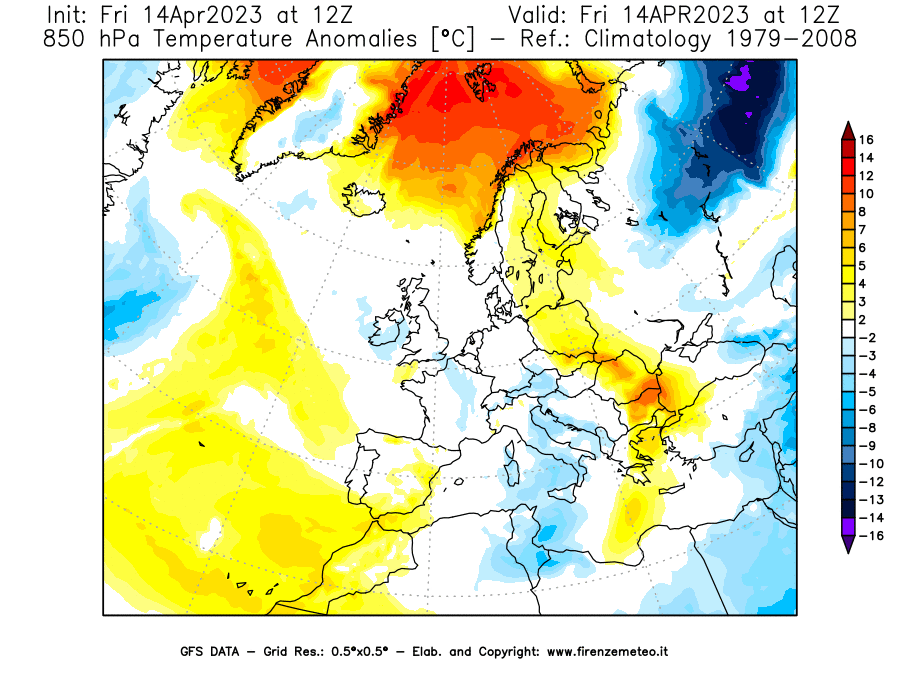 GFS analysi map - Temperature Anomalies [°C] at 850 hPa in Europe
									on 14/04/2023 12 <!--googleoff: index-->UTC<!--googleon: index-->