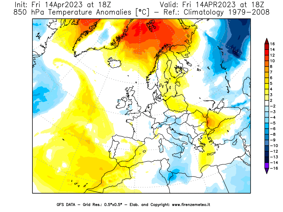 GFS analysi map - Temperature Anomalies [°C] at 850 hPa in Europe
									on 14/04/2023 18 <!--googleoff: index-->UTC<!--googleon: index-->