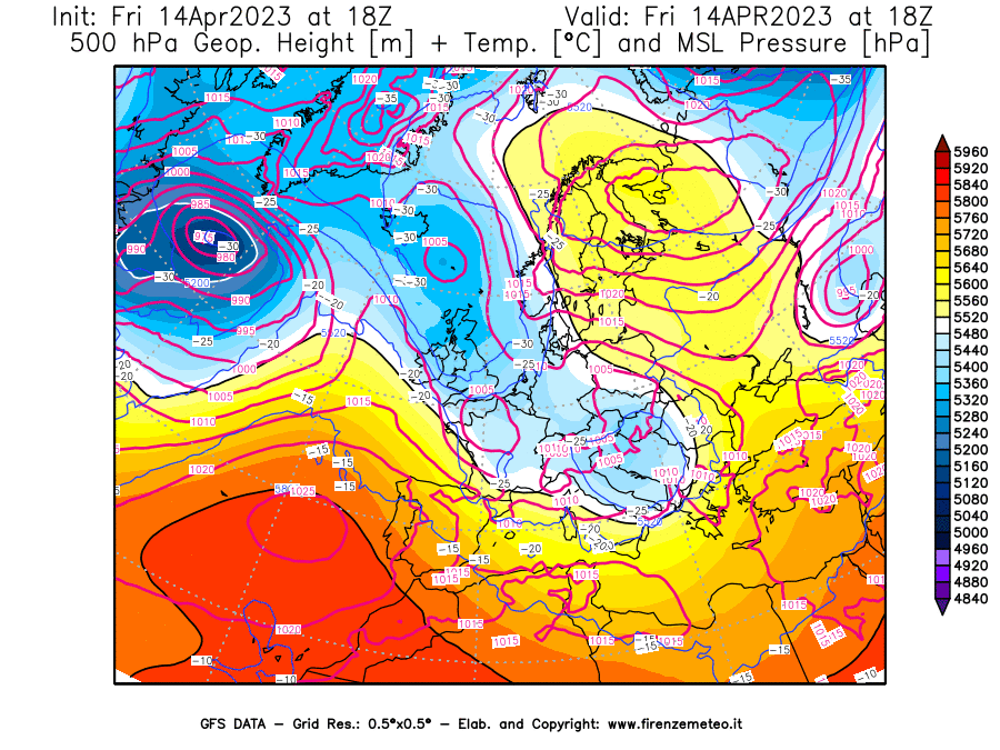 GFS analysi map - Geopotential [m] + Temp. [°C] at 500 hPa + Sea Level Pressure [hPa] in Europe
									on 14/04/2023 18 <!--googleoff: index-->UTC<!--googleon: index-->