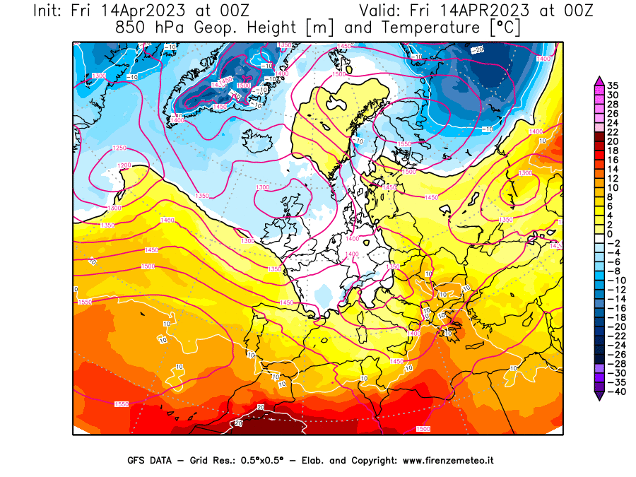 GFS analysi map - Geopotential [m] and Temperature [°C] at 850 hPa in Europe
									on 14/04/2023 00 <!--googleoff: index-->UTC<!--googleon: index-->