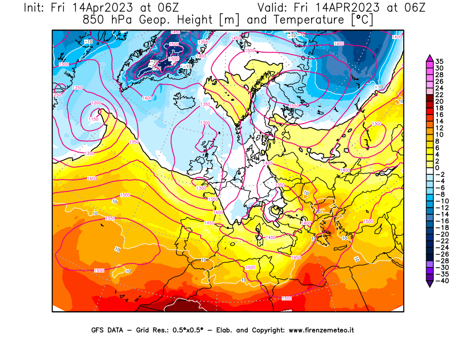 GFS analysi map - Geopotential [m] and Temperature [°C] at 850 hPa in Europe
									on 14/04/2023 06 <!--googleoff: index-->UTC<!--googleon: index-->
