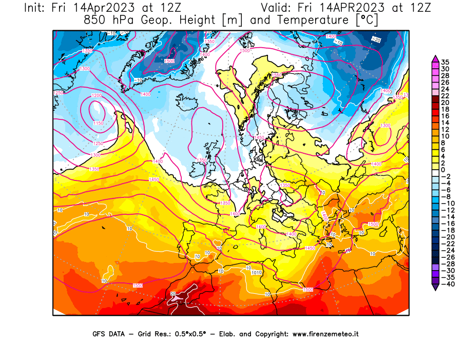 GFS analysi map - Geopotential [m] and Temperature [°C] at 850 hPa in Europe
									on 14/04/2023 12 <!--googleoff: index-->UTC<!--googleon: index-->