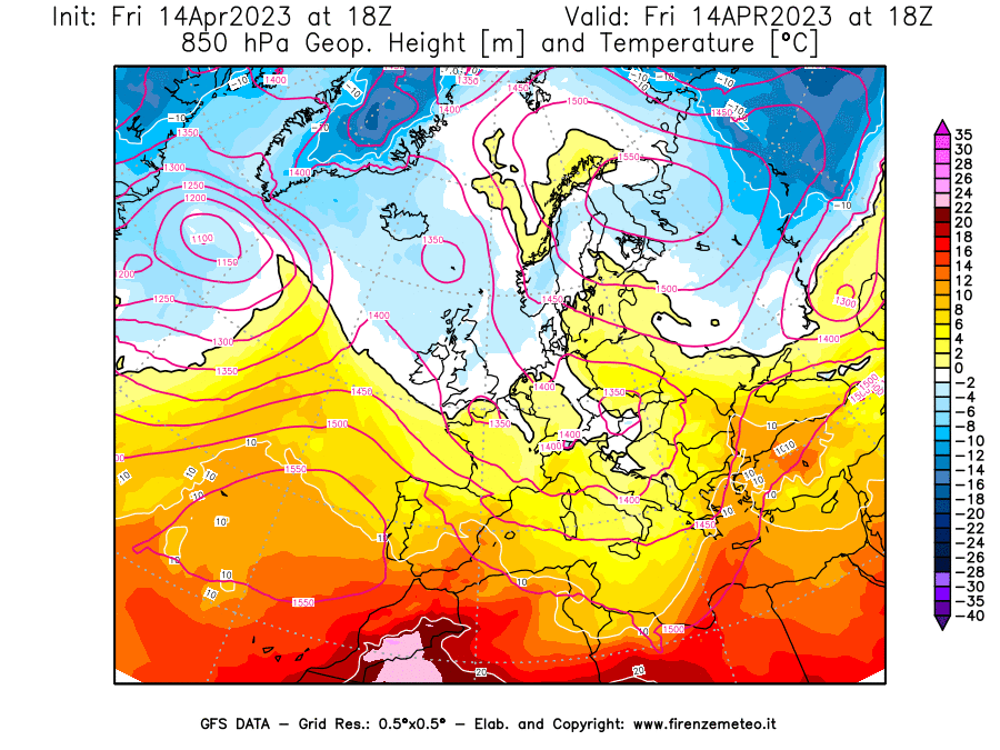 GFS analysi map - Geopotential [m] and Temperature [°C] at 850 hPa in Europe
									on 14/04/2023 18 <!--googleoff: index-->UTC<!--googleon: index-->