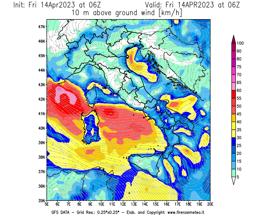 GFS analysi map - Wind Speed at 10 m above ground [km/h] in Italy
									on 14/04/2023 06 <!--googleoff: index-->UTC<!--googleon: index-->