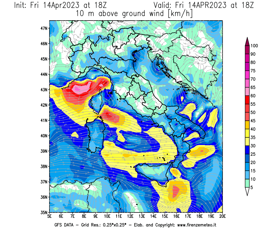 GFS analysi map - Wind Speed at 10 m above ground [km/h] in Italy
									on 14/04/2023 18 <!--googleoff: index-->UTC<!--googleon: index-->