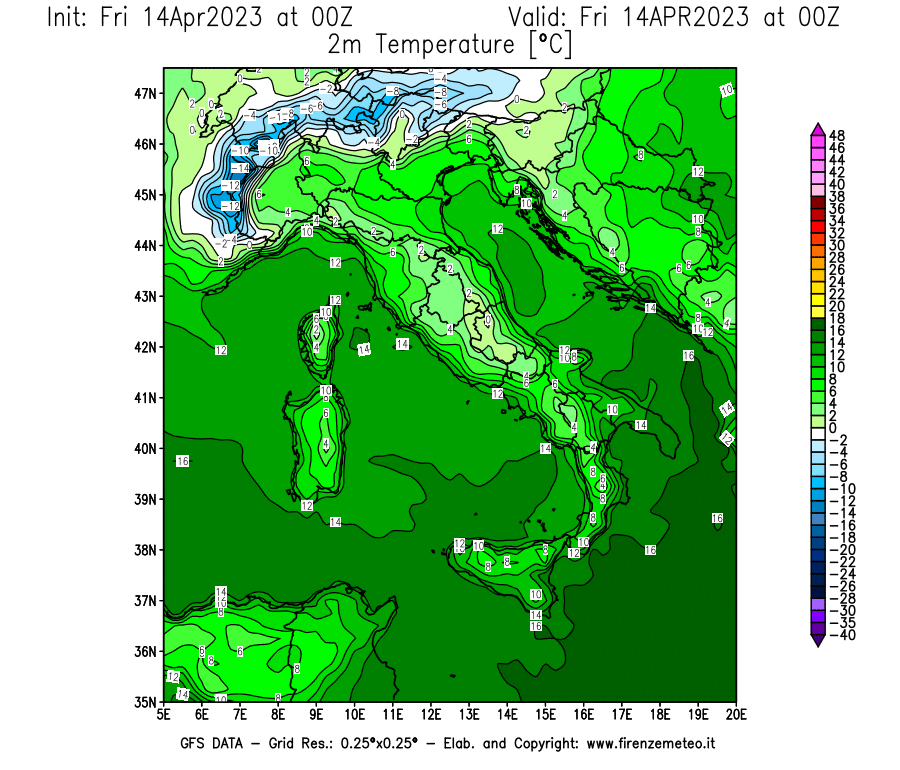 GFS analysi map - Temperature at 2 m above ground [°C] in Italy
									on 14/04/2023 00 <!--googleoff: index-->UTC<!--googleon: index-->