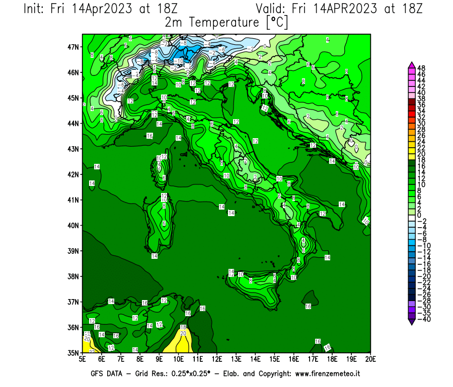 GFS analysi map - Temperature at 2 m above ground [°C] in Italy
									on 14/04/2023 18 <!--googleoff: index-->UTC<!--googleon: index-->