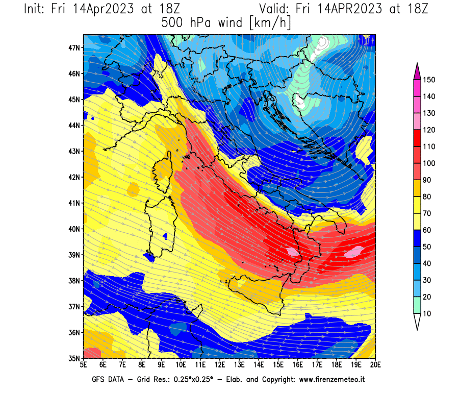 GFS analysi map - Wind Speed at 500 hPa [km/h] in Italy
									on 14/04/2023 18 <!--googleoff: index-->UTC<!--googleon: index-->