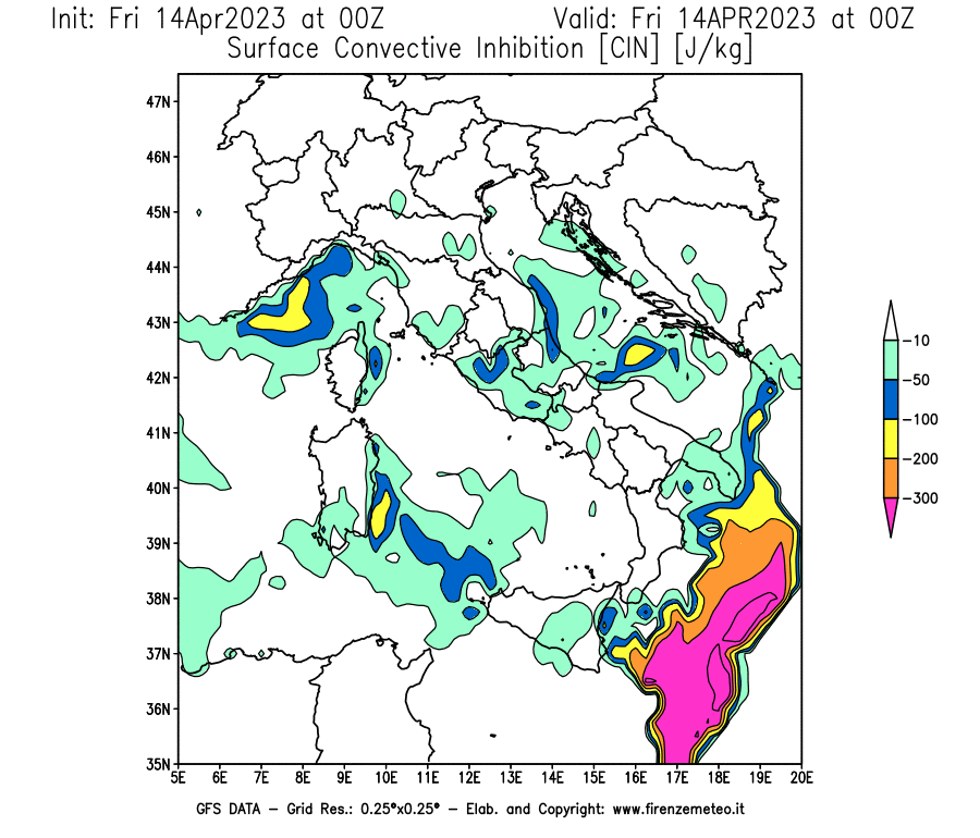 GFS analysi map - CIN [J/kg] in Italy
									on 14/04/2023 00 <!--googleoff: index-->UTC<!--googleon: index-->