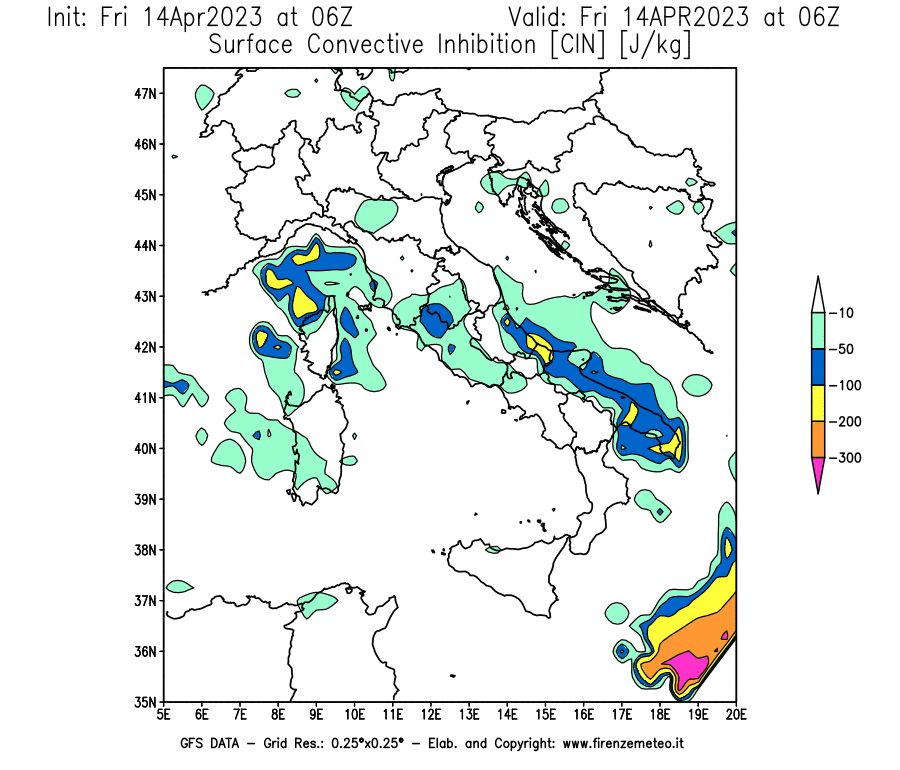 GFS analysi map - CIN [J/kg] in Italy
									on 14/04/2023 06 <!--googleoff: index-->UTC<!--googleon: index-->