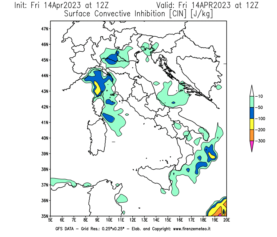 GFS analysi map - CIN [J/kg] in Italy
									on 14/04/2023 12 <!--googleoff: index-->UTC<!--googleon: index-->