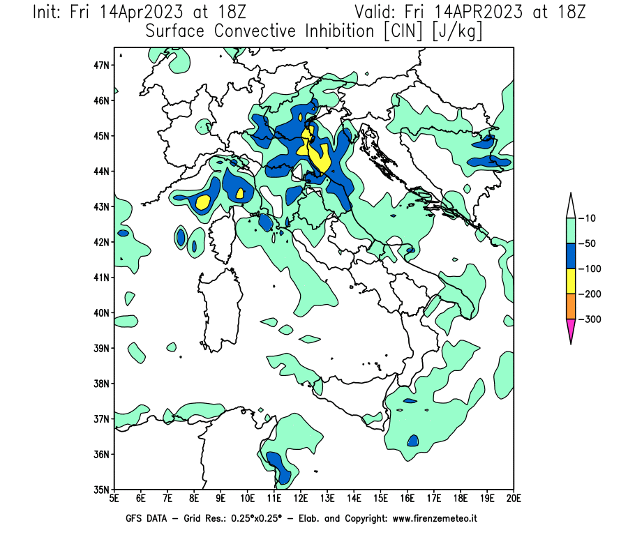 GFS analysi map - CIN [J/kg] in Italy
									on 14/04/2023 18 <!--googleoff: index-->UTC<!--googleon: index-->
