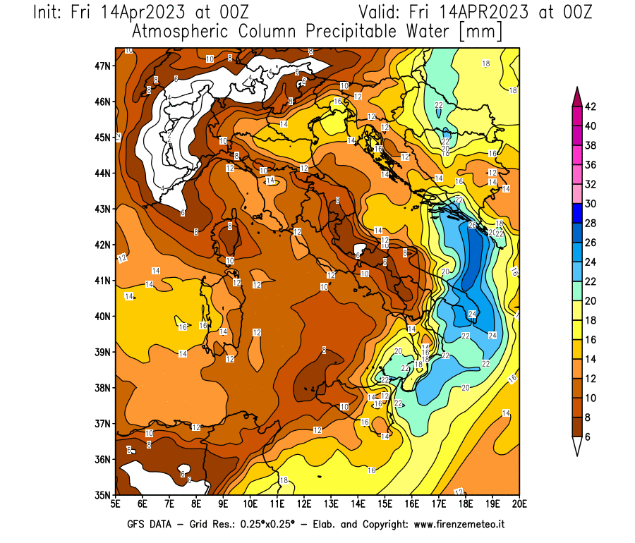 GFS analysi map - Precipitable Water [mm] in Italy
									on 14/04/2023 00 <!--googleoff: index-->UTC<!--googleon: index-->