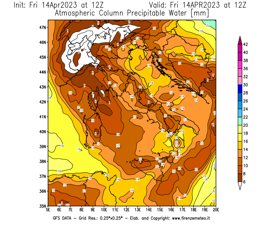 GFS analysi map - Precipitable Water [mm] in Italy
									on 14/04/2023 12 <!--googleoff: index-->UTC<!--googleon: index-->