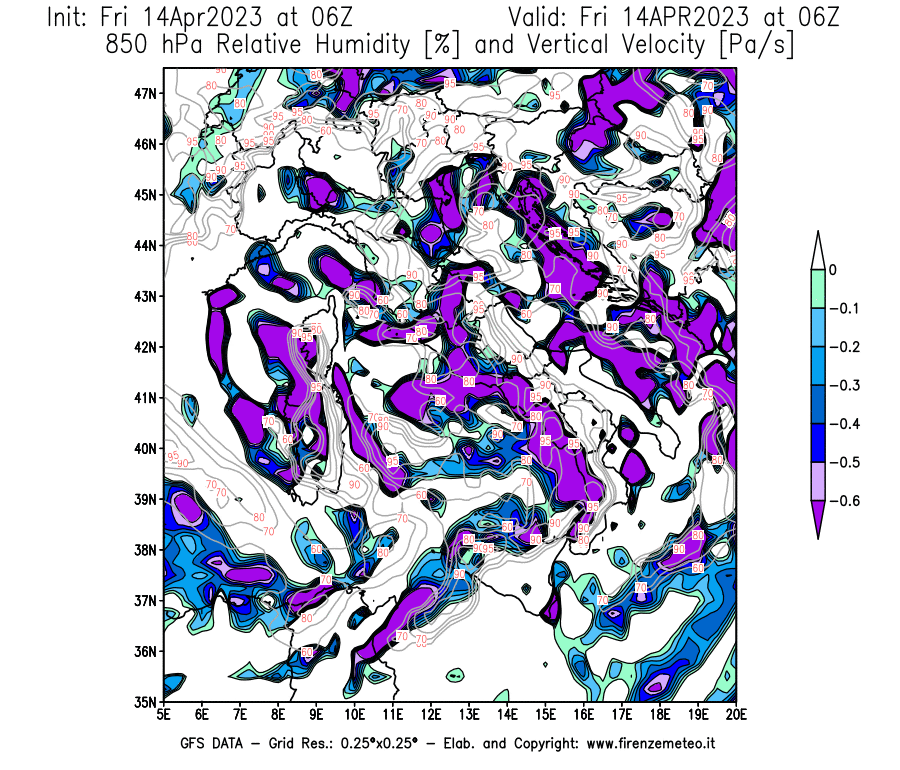 GFS analysi map - Relative Umidity [%] and Omega [Pa/s] at 850 hPa in Italy
									on 14/04/2023 06 <!--googleoff: index-->UTC<!--googleon: index-->
