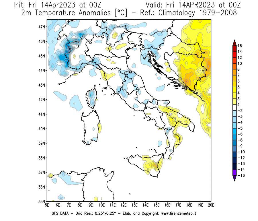 GFS analysi map - Temperature Anomalies [°C] at 2 m in Italy
									on 14/04/2023 00 <!--googleoff: index-->UTC<!--googleon: index-->