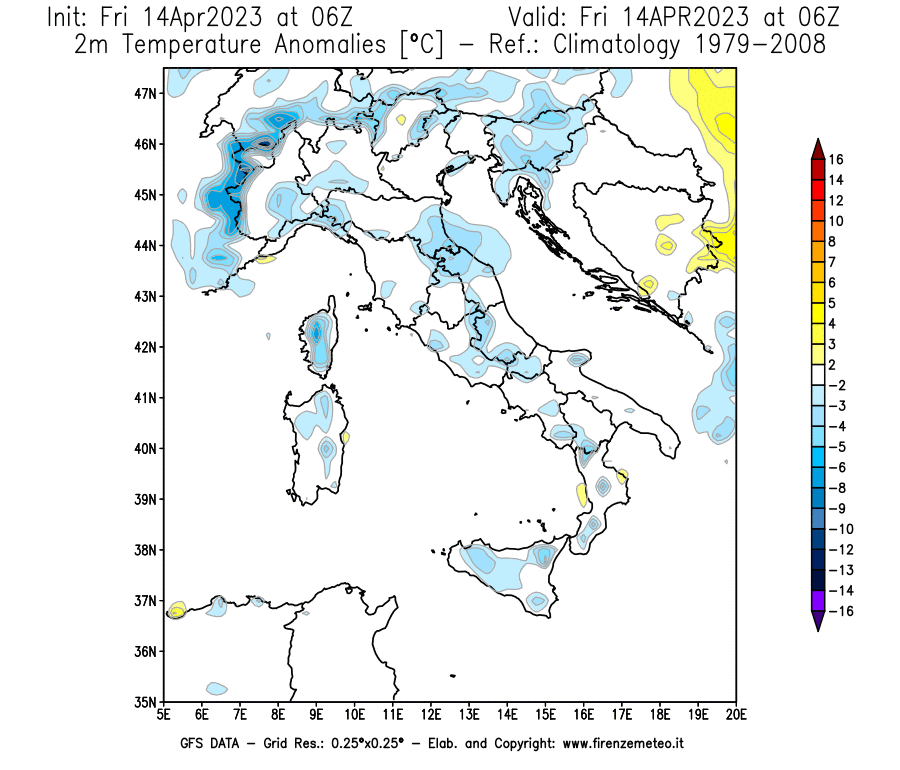 GFS analysi map - Temperature Anomalies [°C] at 2 m in Italy
									on 14/04/2023 06 <!--googleoff: index-->UTC<!--googleon: index-->