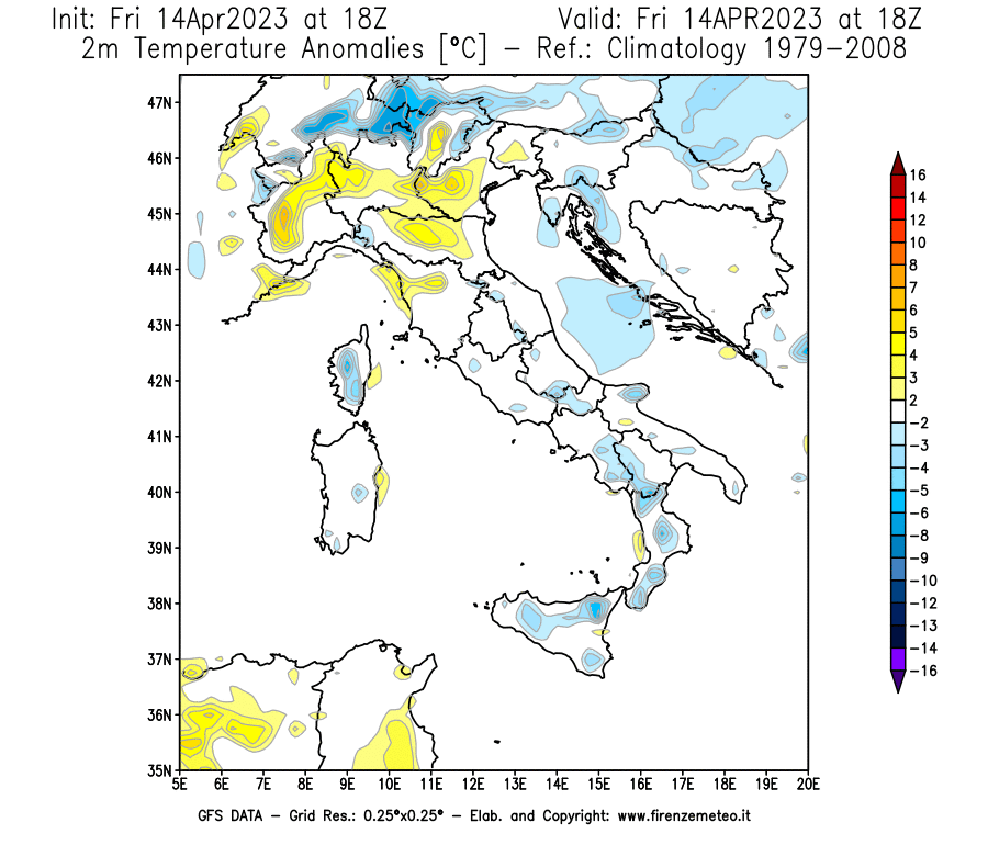 GFS analysi map - Temperature Anomalies [°C] at 2 m in Italy
									on 14/04/2023 18 <!--googleoff: index-->UTC<!--googleon: index-->