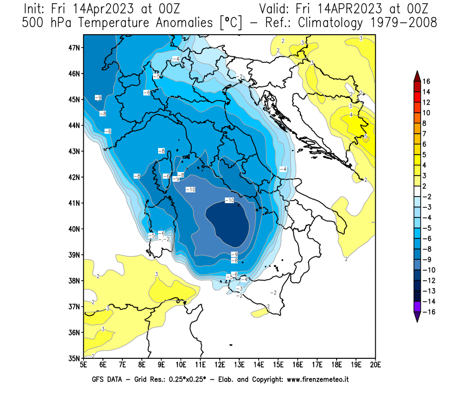GFS analysi map - Temperature Anomalies [°C] at 500 hPa in Italy
									on 14/04/2023 00 <!--googleoff: index-->UTC<!--googleon: index-->