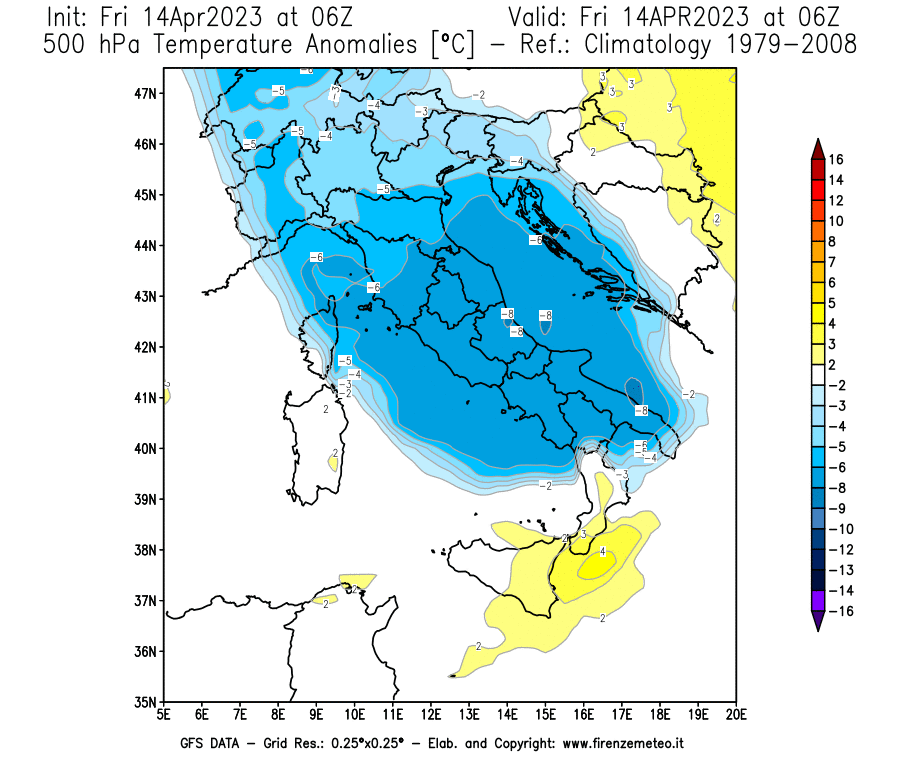 GFS analysi map - Temperature Anomalies [°C] at 500 hPa in Italy
									on 14/04/2023 06 <!--googleoff: index-->UTC<!--googleon: index-->