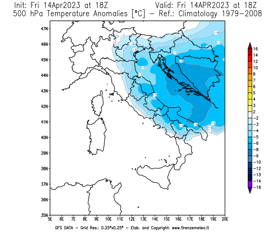 GFS analysi map - Temperature Anomalies [°C] at 500 hPa in Italy
									on 14/04/2023 18 <!--googleoff: index-->UTC<!--googleon: index-->