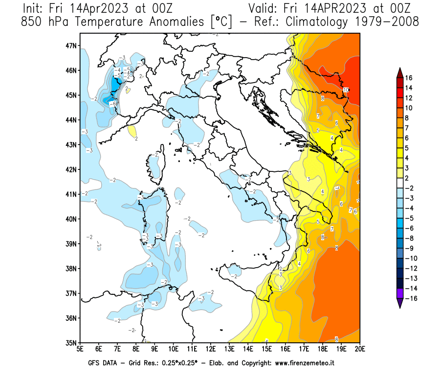 GFS analysi map - Temperature Anomalies [°C] at 850 hPa in Italy
									on 14/04/2023 00 <!--googleoff: index-->UTC<!--googleon: index-->