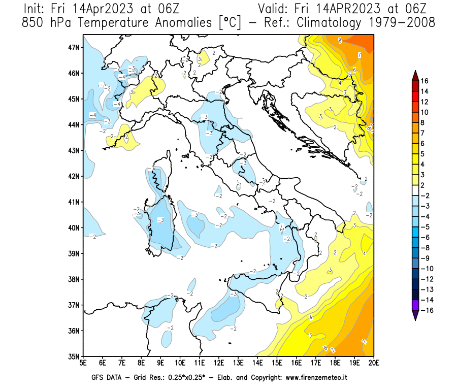 GFS analysi map - Temperature Anomalies [°C] at 850 hPa in Italy
									on 14/04/2023 06 <!--googleoff: index-->UTC<!--googleon: index-->