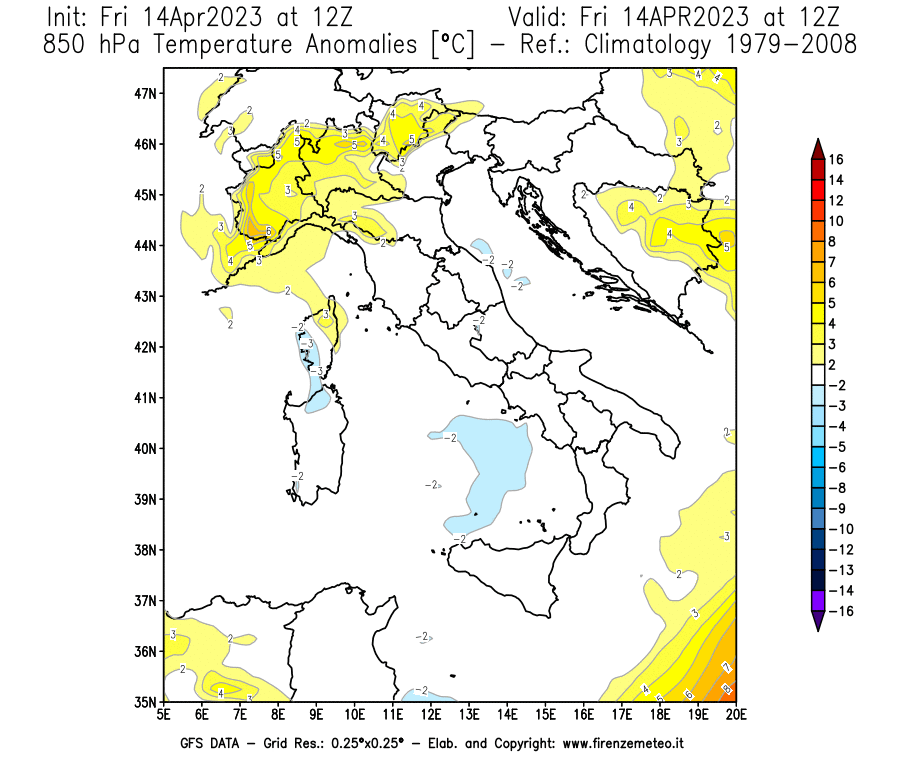 GFS analysi map - Temperature Anomalies [°C] at 850 hPa in Italy
									on 14/04/2023 12 <!--googleoff: index-->UTC<!--googleon: index-->